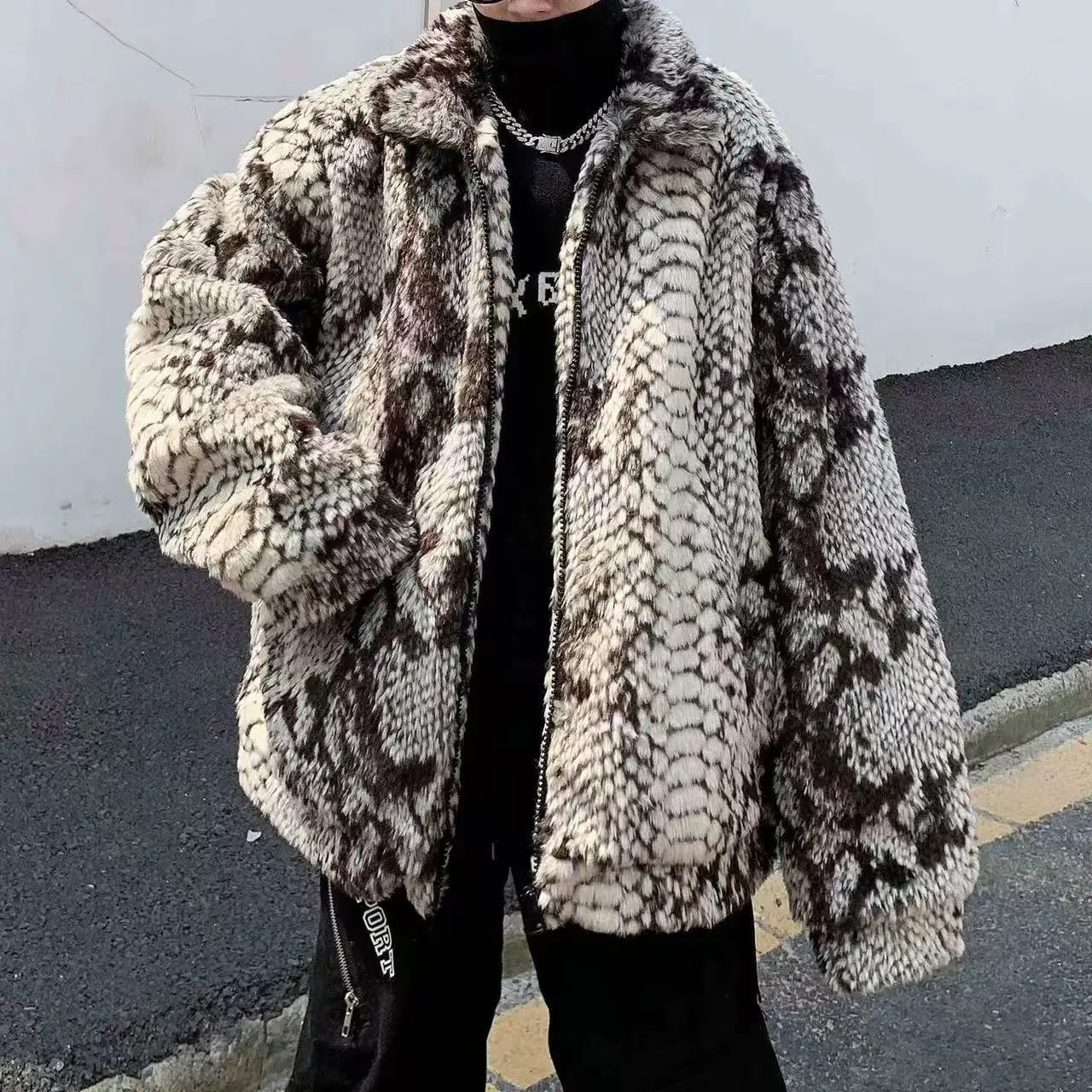 Trendy Cool Python Pattern Tops Men's Artificial Fur Thicken Coat Stylish Street Y2K Fashion Overcoat Loose Fit Male Overwear