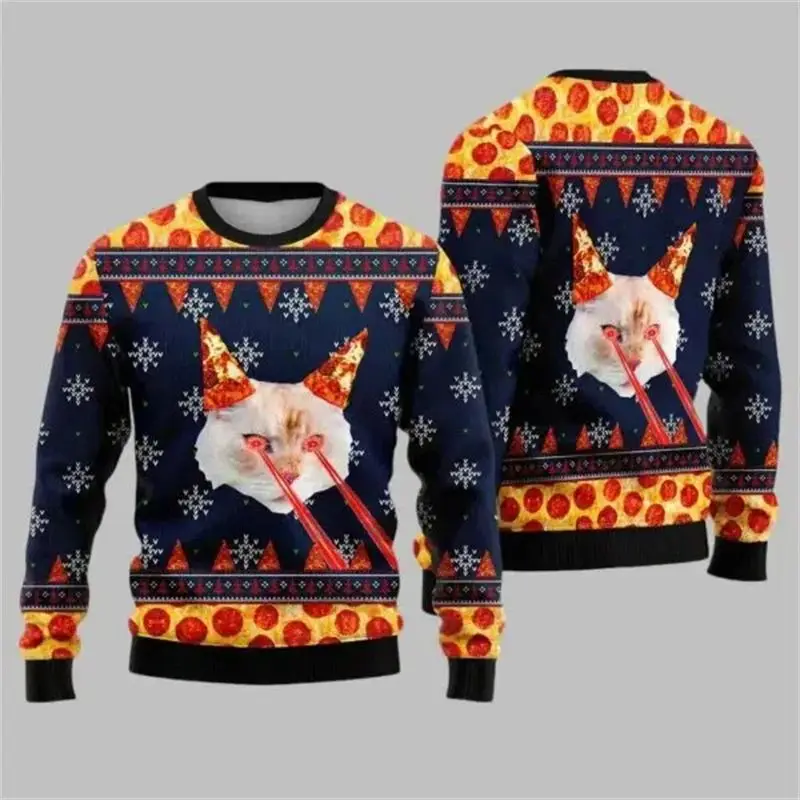 2025 maglione natalizio brutto modello simpatico gatto per uomo moda autunno manica lunga felpa stampata 3D pullover larghi e traspiranti