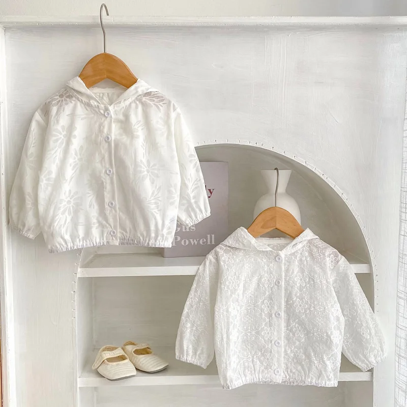 여아용 자외선 차단 레이스 재킷, 후드 자카드, 야외 유아 카디건, 겉옷 2023, 여름 코트