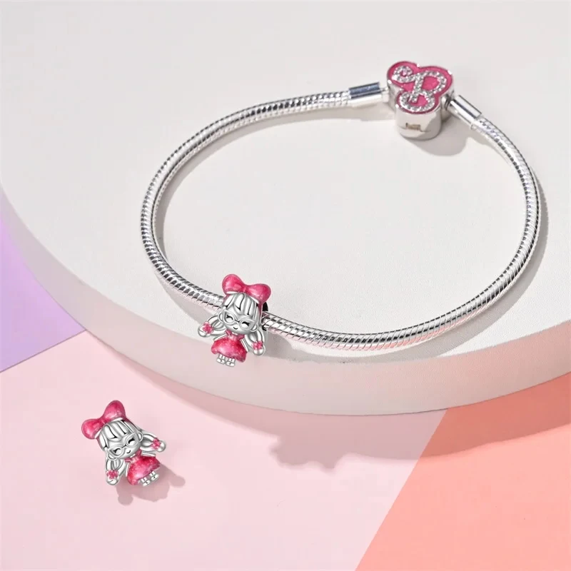 Charms de plata 925 para pulsera Pandora, bolsa de vestido de princesa rosa, maquillaje, lápiz labial, tacones altos, colgante, joyería artesanal,