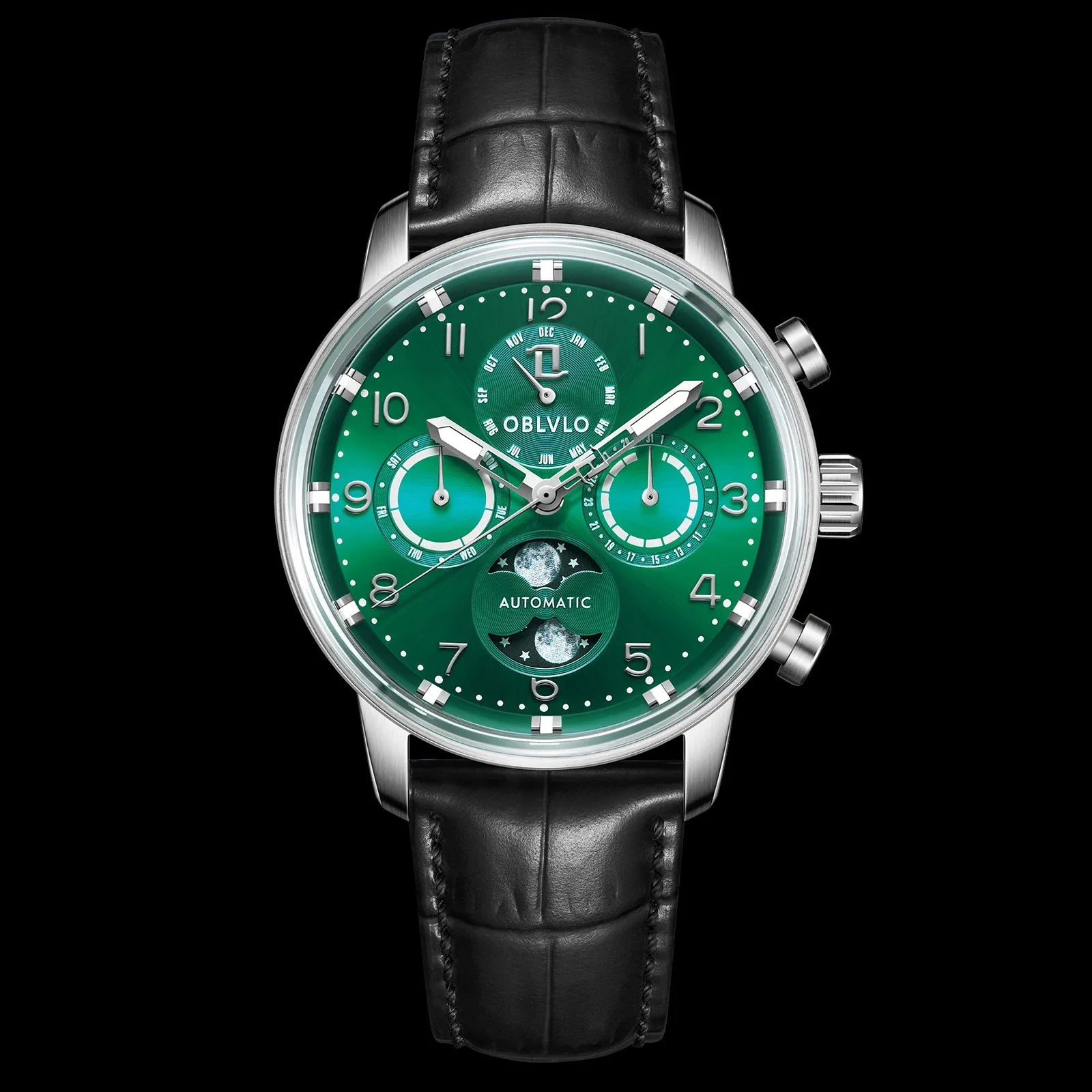 OBLVLO ساعة أوتوماتيكية للرجال 42 مللي متر مرحلة القمر ساعة اليد الميكانيكية مقاوم للماء الياقوت مضيئة متعددة الطلب شهر تاريخ الأسبوع