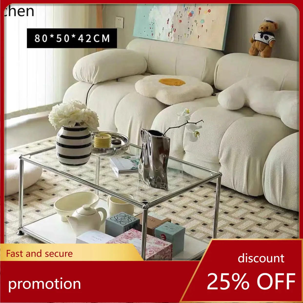 

CZ Stainless Steel silver Coffee Table Small Apartment Simple Glass Rectangular Table Vintage Internet Celebrity Metal