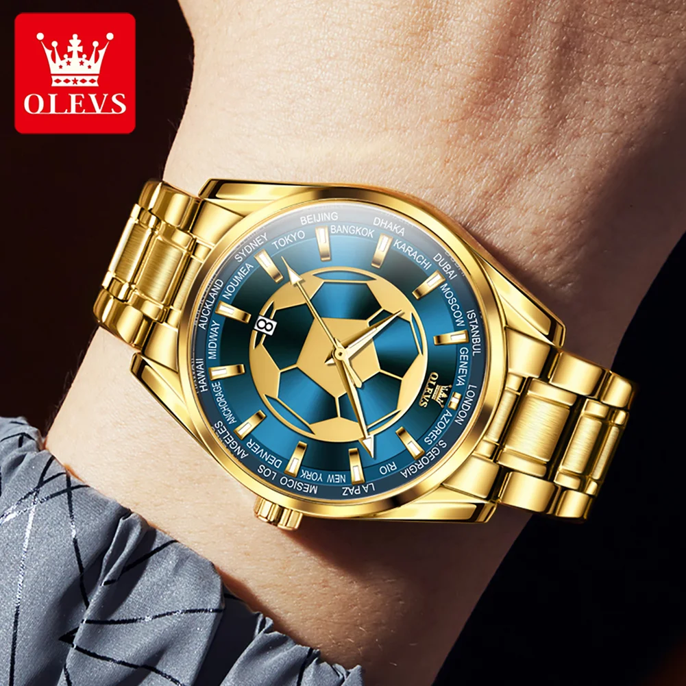 OLEVS Men\'s Watches Top Brand Quartz Watch for Men Waterproof Stainless Steel Wristwatch All Gold Blue Soccer Dial