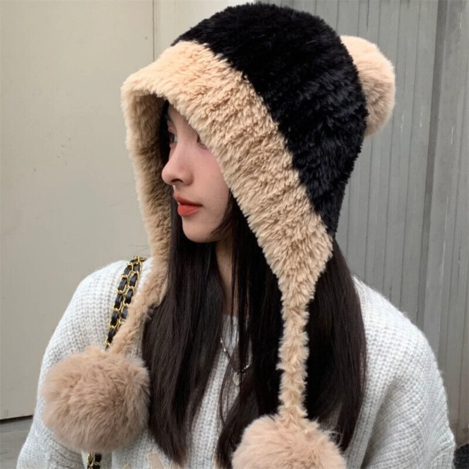 Cute Plush Hat with Pom Pom Solid Color Faux  Hat Thick Cold-Proof Knitted Hat for Women Winter Outdoor