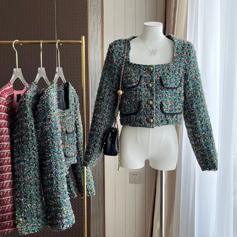 

Korea Fashion Chic Tweed Jacket Female Small Fragrance Square Collar Red Vintage Long Sleeve Women Green Tweed Jacket Autumn