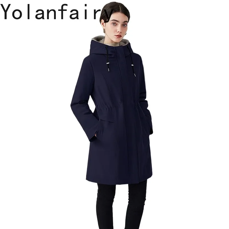 YOLANFAIRY Women's Full Pelt Mink Fur Parka Luxury 100% Natural Mink Fur Liner Jacket Mid-length Hooded Detachable Winter Coat
