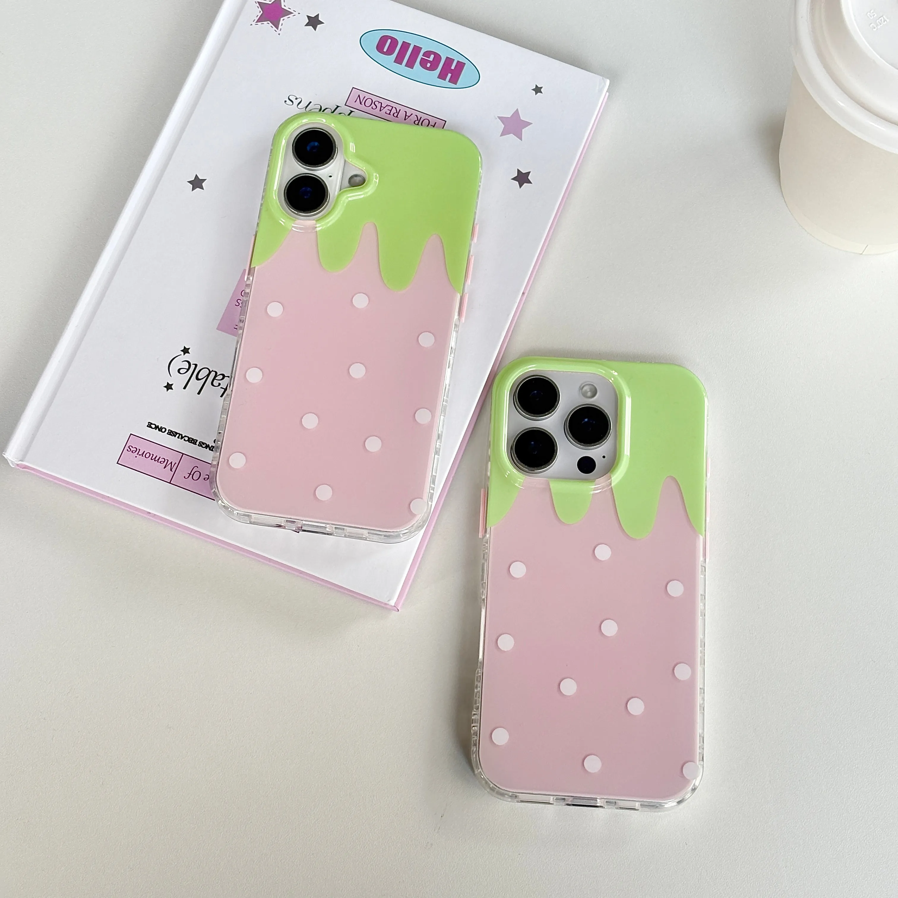 Korean Pink Cute Strawberry Polka Dot Phone Case for Samsung Galaxy S25 S24 S23 S22 S21 Ultra Plus 4G 5G Feather Texture Cover - náhled 6