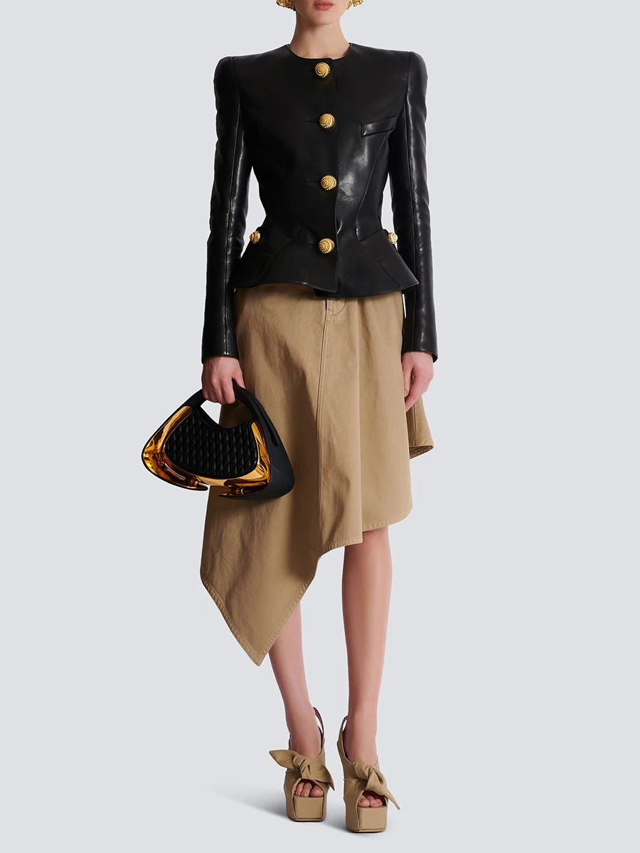 TWOTWINSTYLE модные комплекты из двух предметов для женщин, туника с круглым вырезом и длинными рукавами, кожаный топ с высокой талией, нерегулярная юбка, женский новый комплект