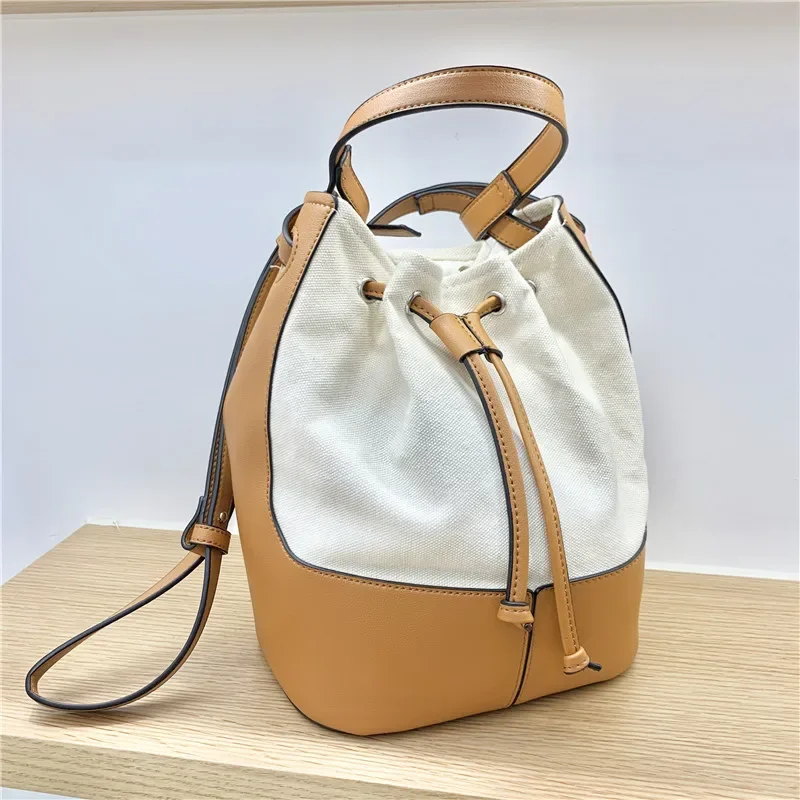 Casual Canvas Bucket Bag for Women Designer Drawstring Handbags Luxury Pu Leather Patchwork Shoulder Crossbody Bags Large Totes