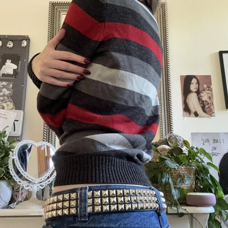 Женский пуловер с длинным рукавом Y2k, винтажный свободный трикотажный пуловер в полоску в стиле гранж, осень