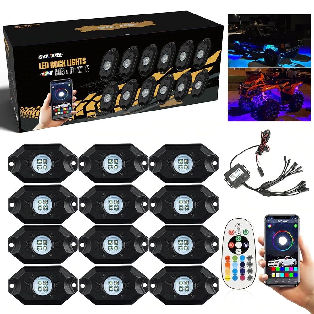 12pcs LED Rock Lights for Car Underbody RGB Bluetooth Wireless Remote Control Atmosphere light  for Off-road 4x4 SUV ATV