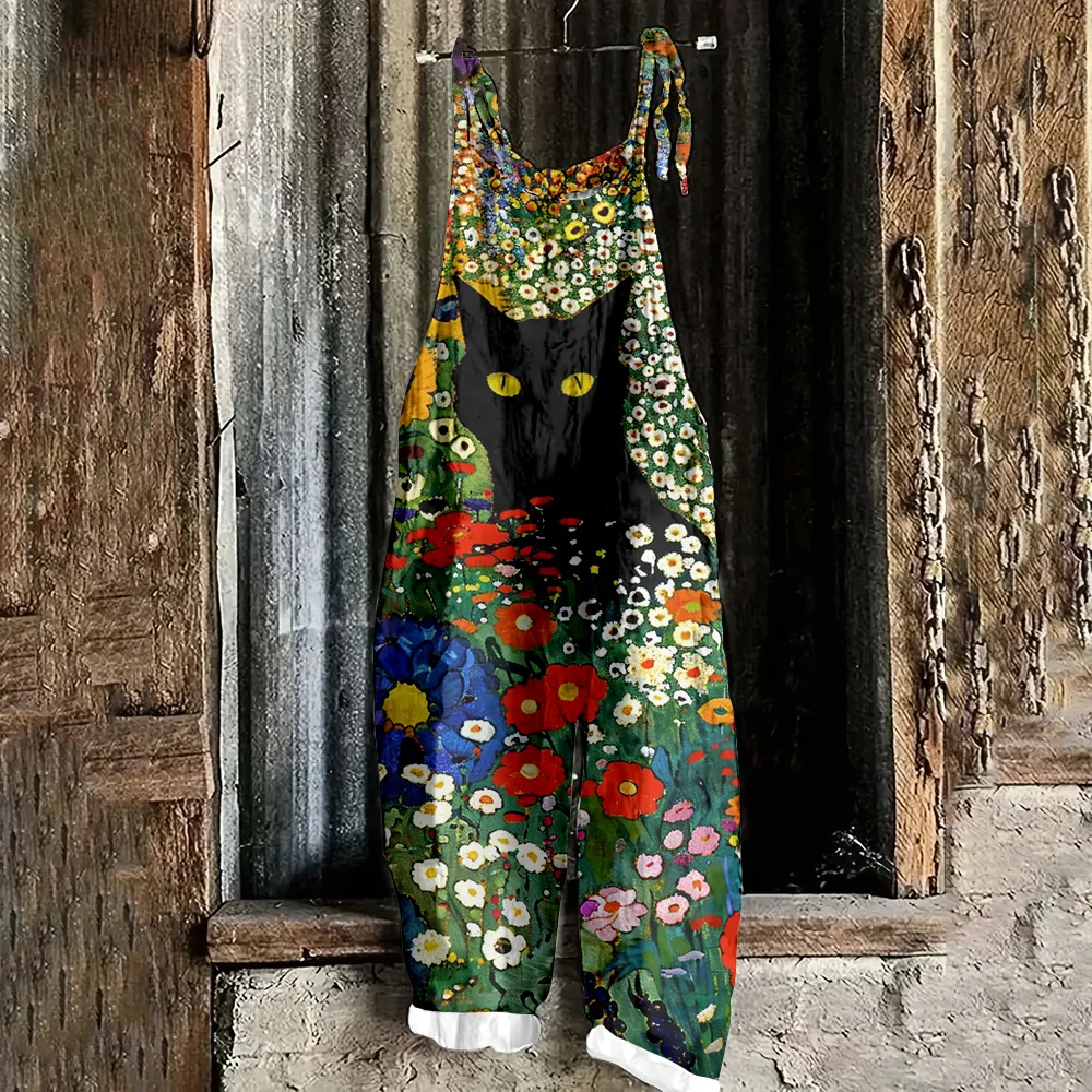 

Ladies' adjustable strappy jumpsuit with oil painting and black cat print, artistic and casual outdoor for spring and summer