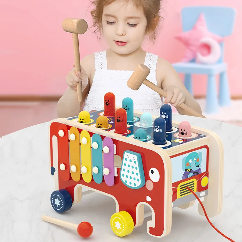 Wooden Educational Toys for Children, Elephant Tapping Piano, Whack-a-mole, Dinosaur Tractor, Tap-mole Tap-mole Percussion Toy