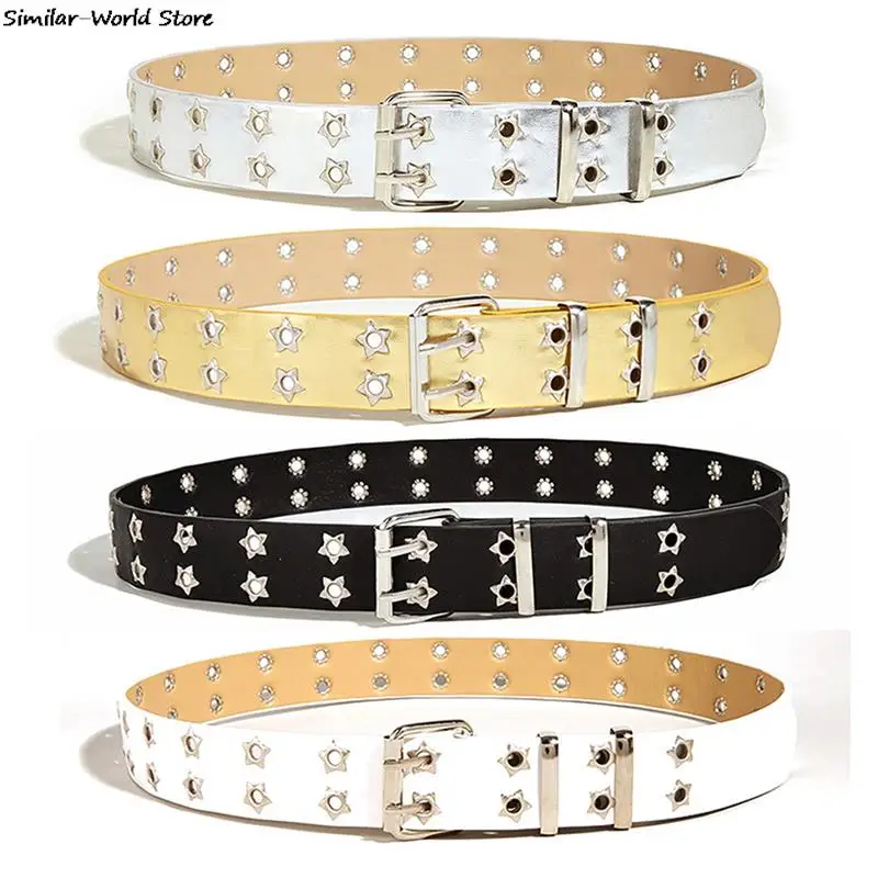 

Punk Style Star Double-Breasted Belt Waist Strap Hollow Out Pu Leather Jeans Decorative Fashion Waistband