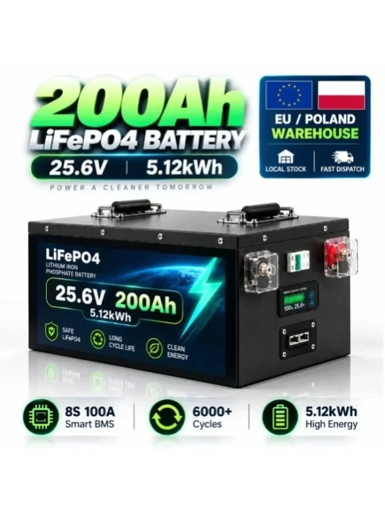 Solar-LiFePO4-Batterie 12,8V 25,6V 51,2V 100Ah 120Ah 200Ah Smart BMS Tiefzyklus-Lithium-Eisenphosphat-Batterie 6000+ Zyklen für Wohnmobile, Marine, USV-Notstromversorgung EU Polen Lager Schnelle