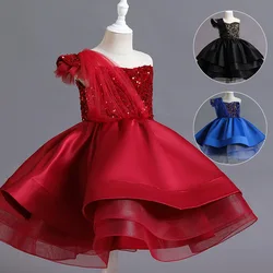 One Shoulder Knee Length Sequined Princess Girl Dresses Kids Weddings Party Dress 4-12 Years Formal Ball Vestido Longo Feminino