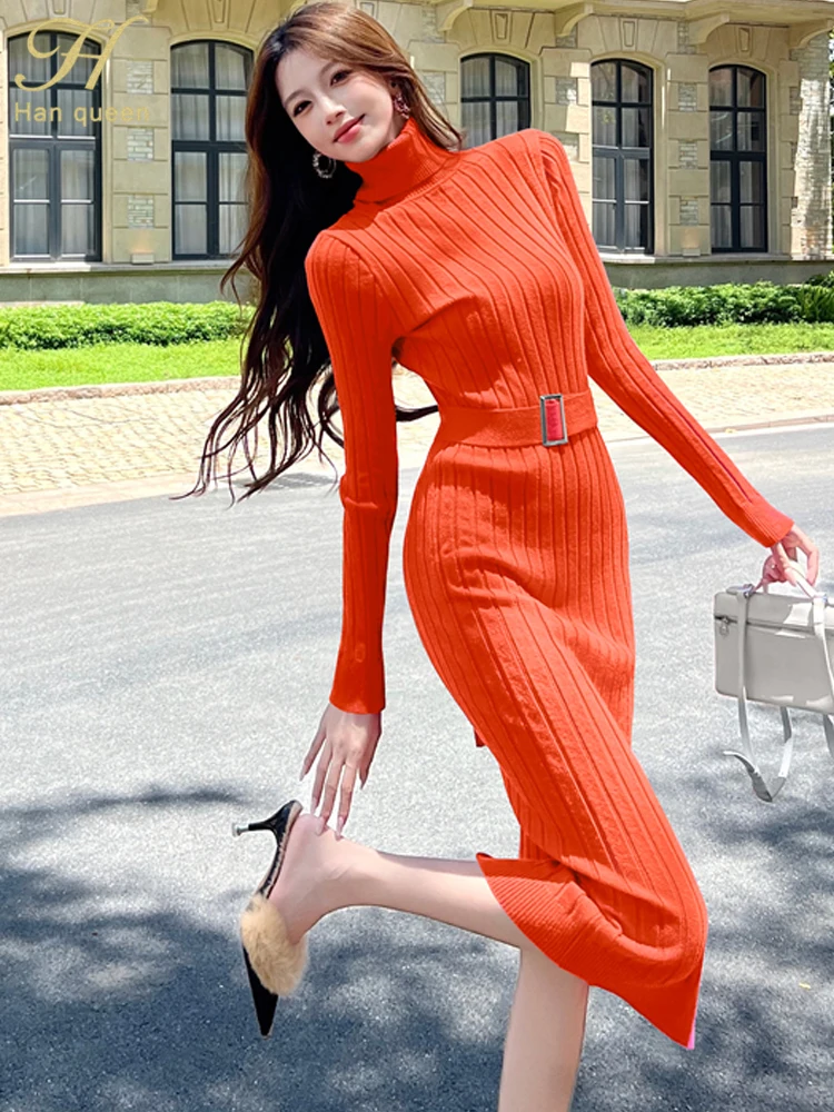 الخريف الياقة المدورة سترة Bodycon غمد قلم رصاص محبوك فستان قاع المرأة لينة فساتين الحفلات المرنة مع حزام