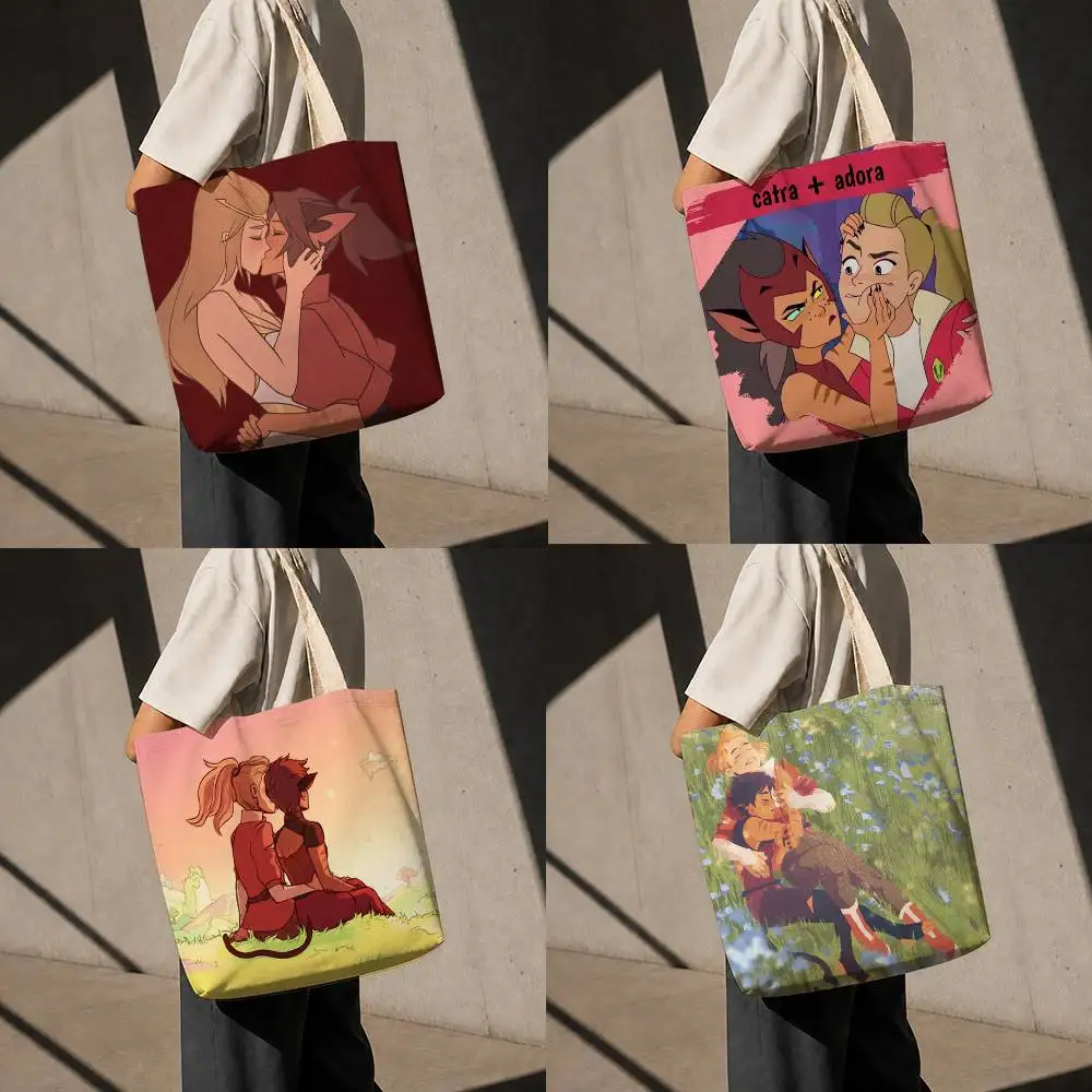 C-Catradora Shera Vintage Anime Printed Canvas Tote Bag with Zipper for Work School and Travel