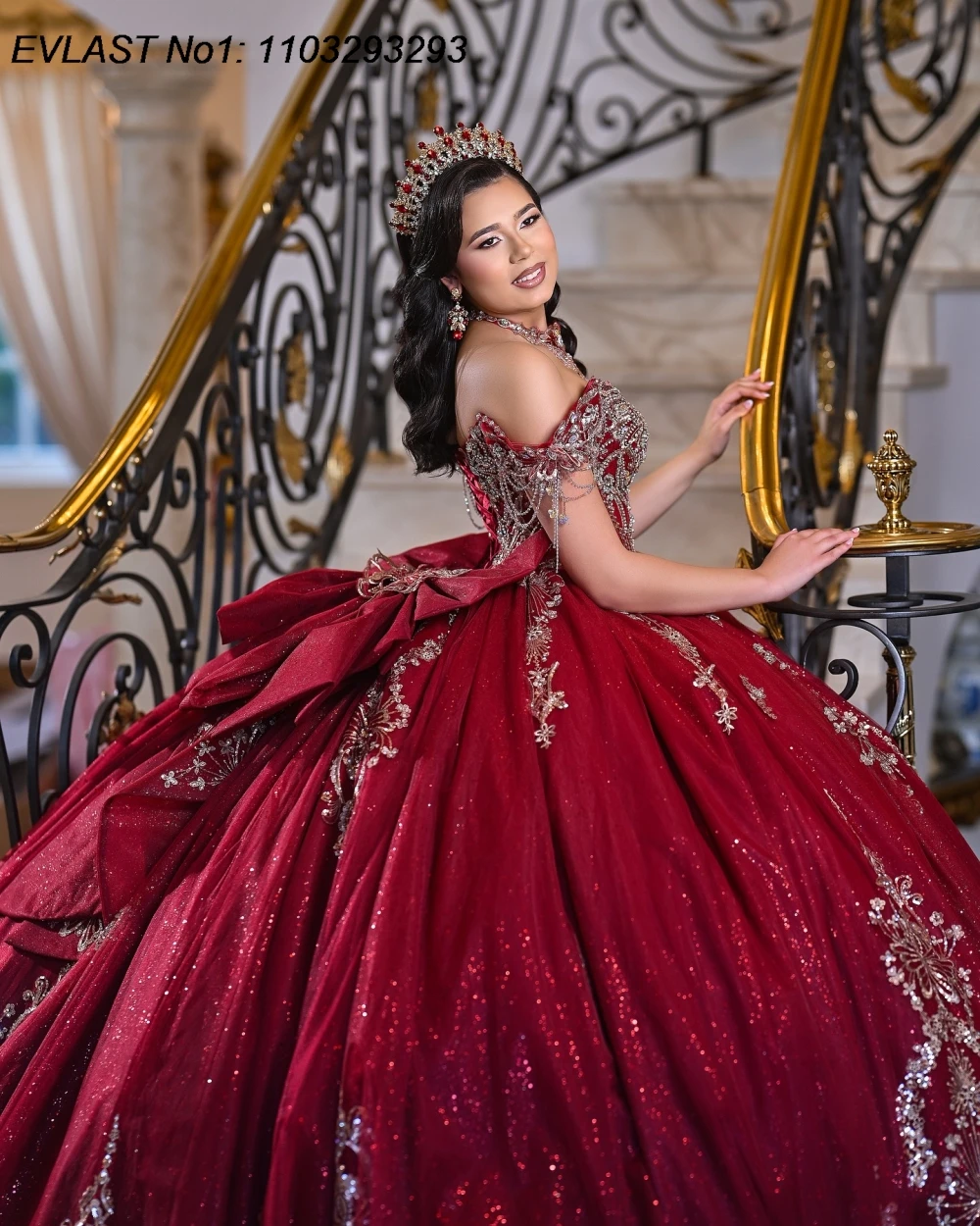 EVLAST personalizado brillo Borgoña vestido para quinceañeras vestido De baile apliques De encaje dorado rebordear dulce 16 Vestidos De 15 Anos E1QN684