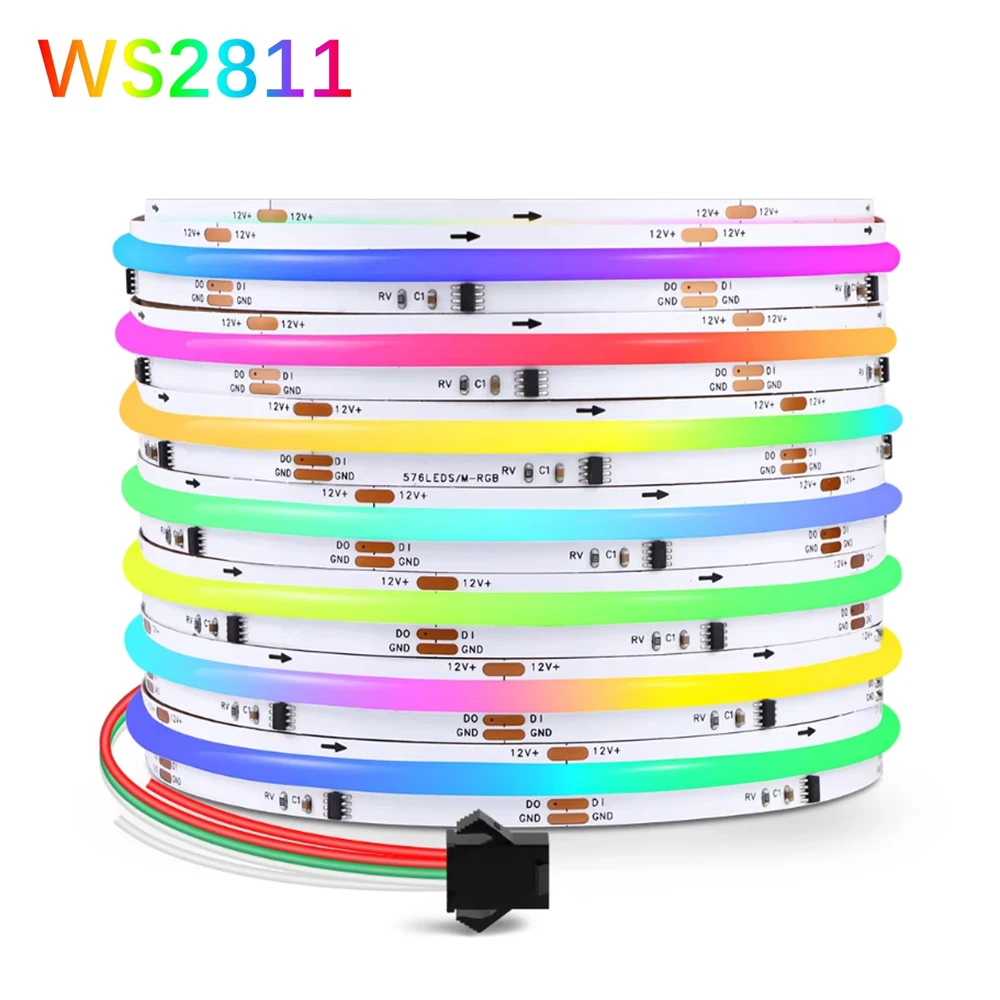 WS2811 COB RGBIC RGB LED-Lichtband 10mm 576 LEDs/m Adressierbar SPI Traumfarben Flexibles Buntes Band RA90 DC5V 12V 24V