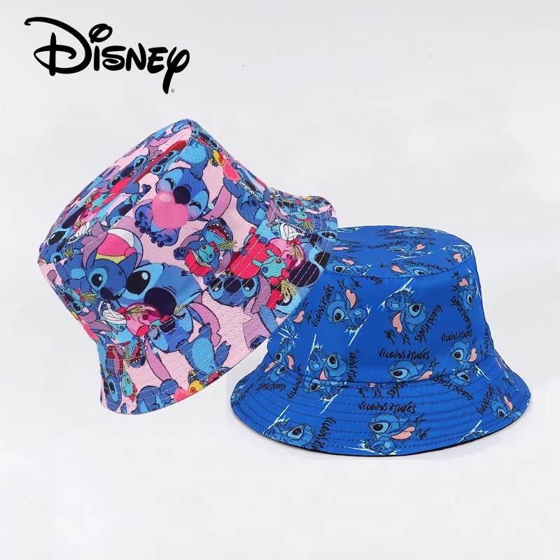 Anime Figure Disney Stitch Fisherman Hat Graffiti Black Cartoon Colorful Full Printing Adult Fashion Round Cap Sunscreen Sun Hat