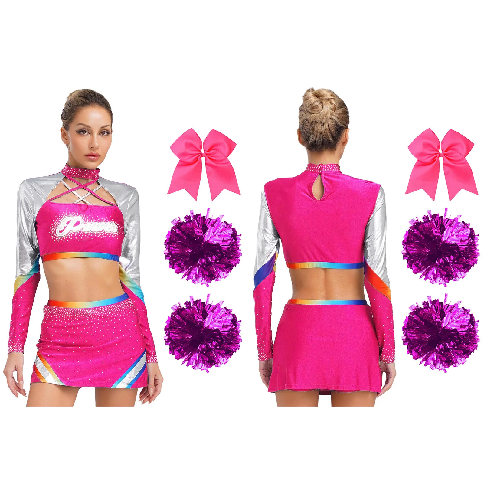 تنفس يهتف الزي الرسمي الرقص المحاصيل القمم مع تنورة التشجيع زهور اليد وربطات الشعر Bowknot 4 قطعة مجموعة المشجع #4