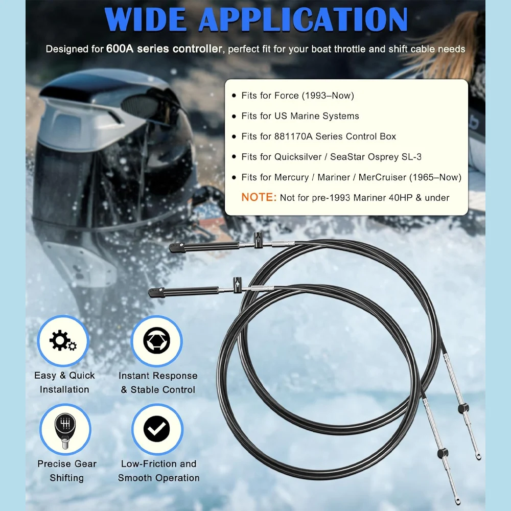 10FT Boat Throttle and Shift Cables for Gen1 600A Series Controller, Compatible with Mercury MerCruiser Marine Force Outboard