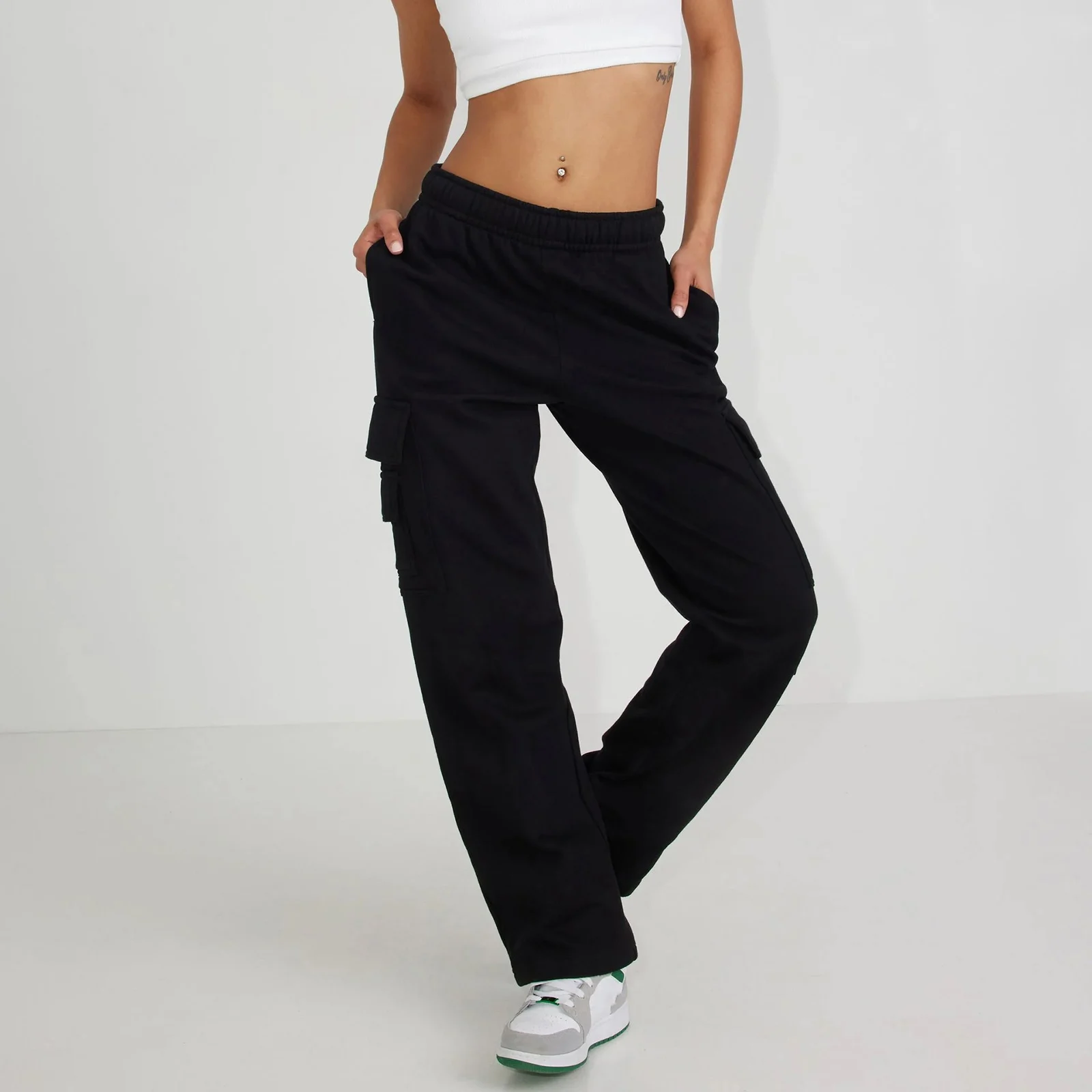 Women Cargo Sweatpants Casual Solid Color Drawstring Elastic Waist Straight Leg Pants Running Trousers with Pockets