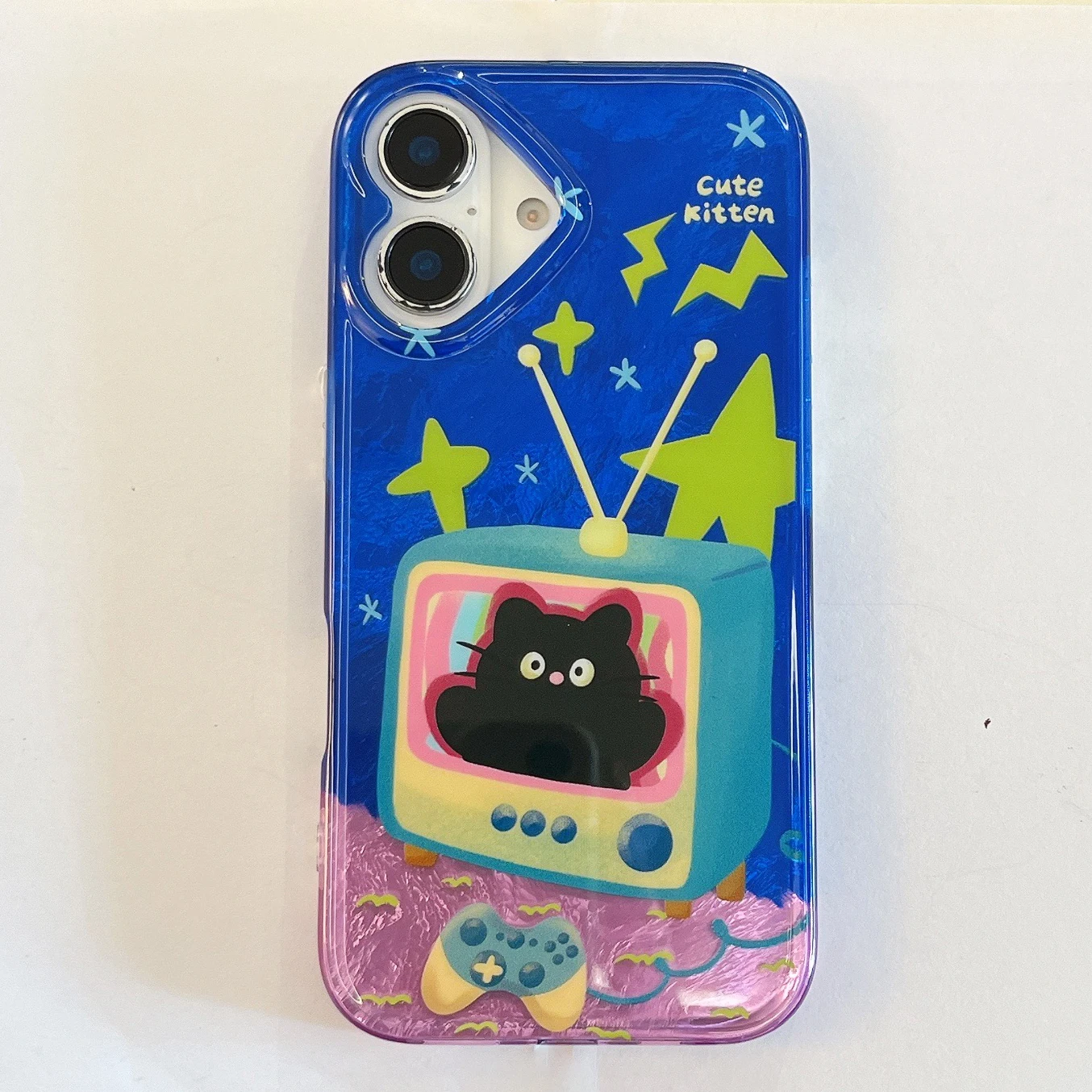 Cartoon INS Blue Kitten in TV Double Layers IMD Lovely Phone Case for iPhone 16 15 14 13 Pro Max Back Phone Cover Capa