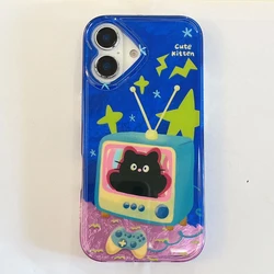 Cartoon INS Blue Kitten in TV Double Layers IMD Lovely Phone Case for iPhone 16 15 14 13 Pro Max Back Phone Cover Capa