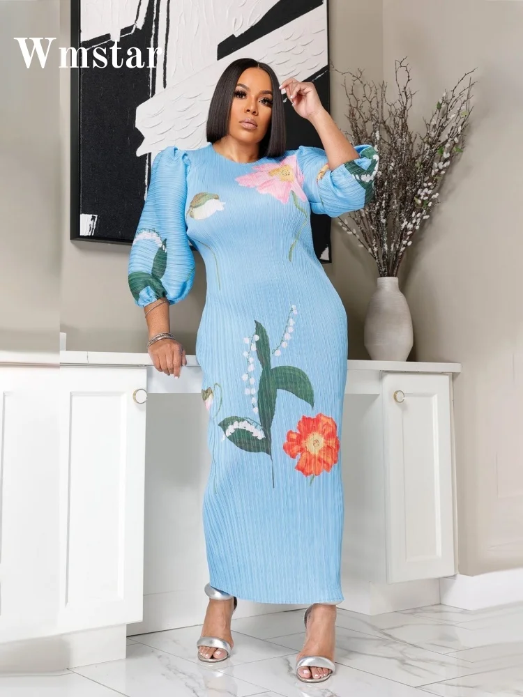 Wmstar Dresses Women Wholesale Fashion Ladies High Grade Lantern Sleeve Pleated Flower Print Round Neck Maxi Dress New Summer