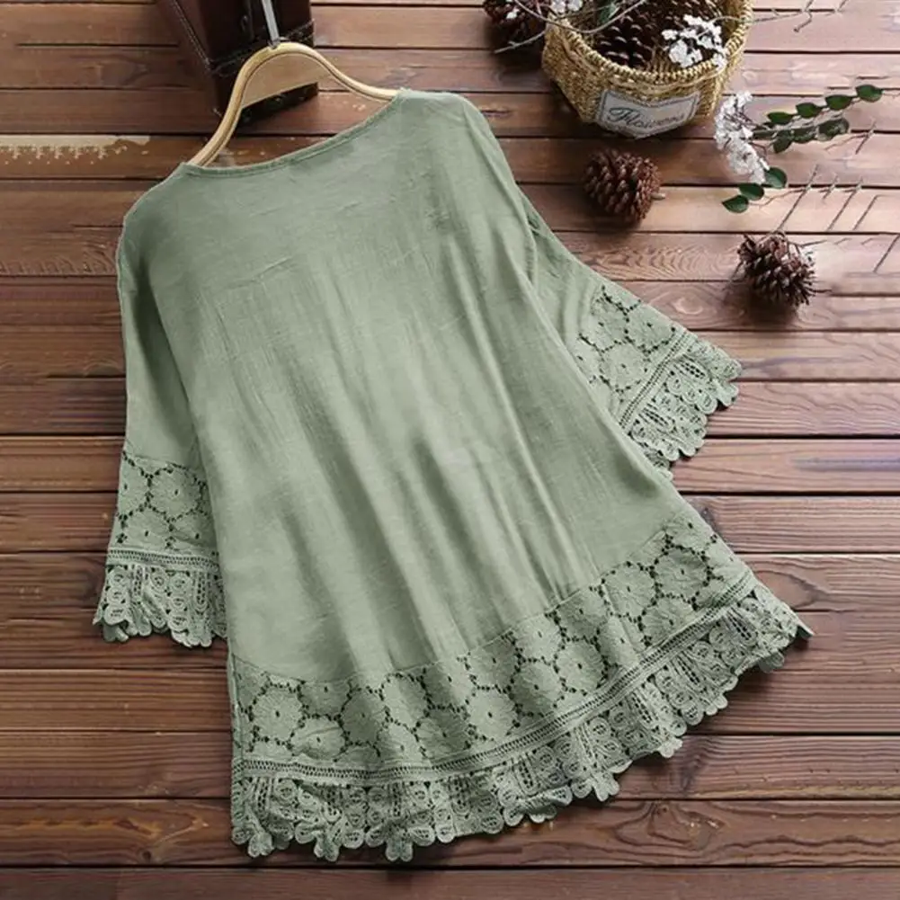 Casual Blouse Trendy Thin Casual Shirt Crochet Embroidery Lace Splicing Flower Decor Summer Shirt Female Clothing