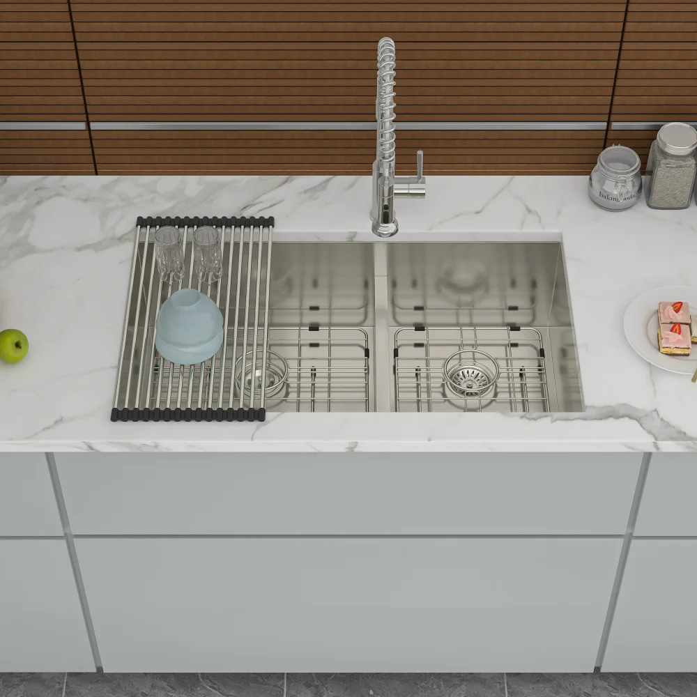 

Double Bowl(60/40) Undermount Sink- 28"x19"x10" Double Bowl Kitchen Sink 16 Gauge with Two 10" Deep Basin