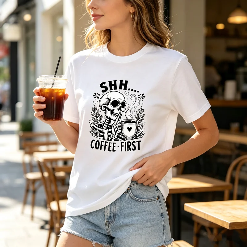 Coffee First Skull T-Shirt Funny Skeleton Coffee Lover Graphic Tee Casual Cotton Short Sleeve Streetwear for Men Women