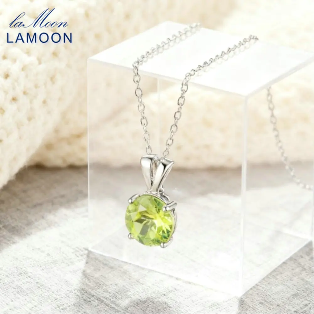

LAMOON INS блестящий натуральный перидот круглый кулон ожерелье для женщин простой элегантный S925 серебряная цепочка ожерелье ювелирные изделия подарок