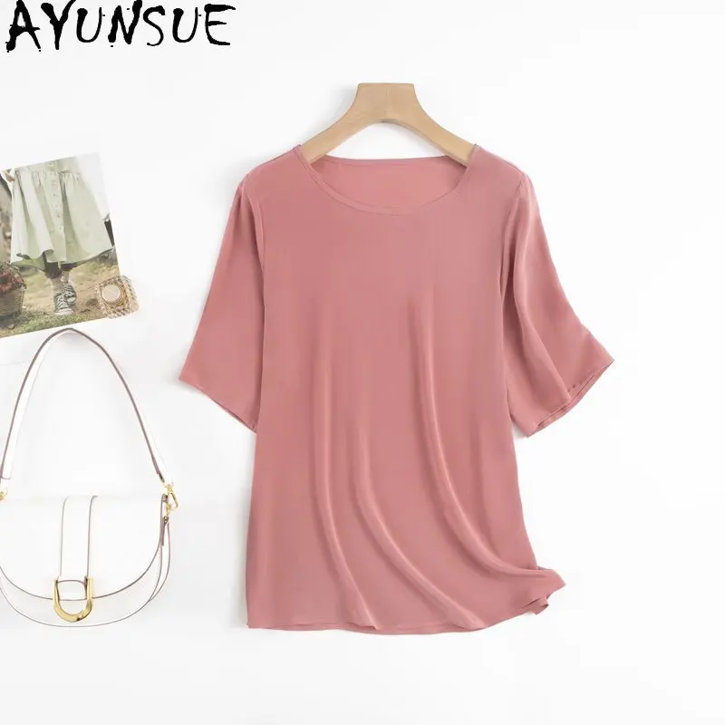 

AYUNSUE 100% Silk Women T Shirts O-neck Half Sleeve Tops for Women Versatile Pink Top Summer Clothes Woman 2026 Ropa Para Mujer