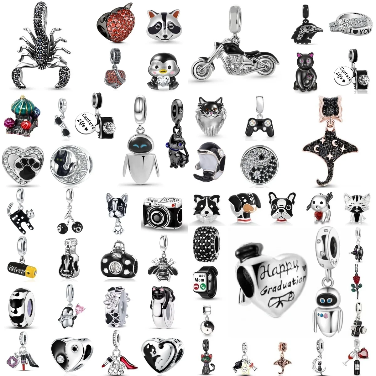 Charm 925 Silver Black Series Camera, Robot, Watch, Scorpion, Game Console Pendant Fit Original Bracelet DIY Exquisite Jewelry