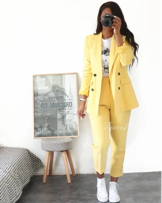 

Tesco Yellow Office Lady Suit Sets For Women Long Sleeve Blazer+Trousers Female Pantsuit 2 Piece For Wedding Party ropa de mujer