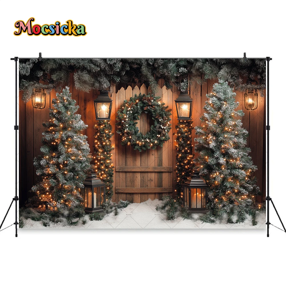 Christmas Tree Night Background Photography Rustic Wooden Fence Xmas Tree Lantern Backdrop Winter Kids Snowy Scene Photo Studio