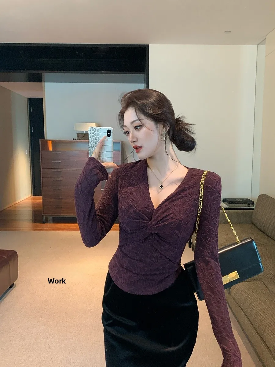 

V-Ne Long Sve Fce Базовый слой на подкладке irt Кружевной верх Внутренняя одежда Overlap Осень Зима Полиэфирное волокно G54802 G7378