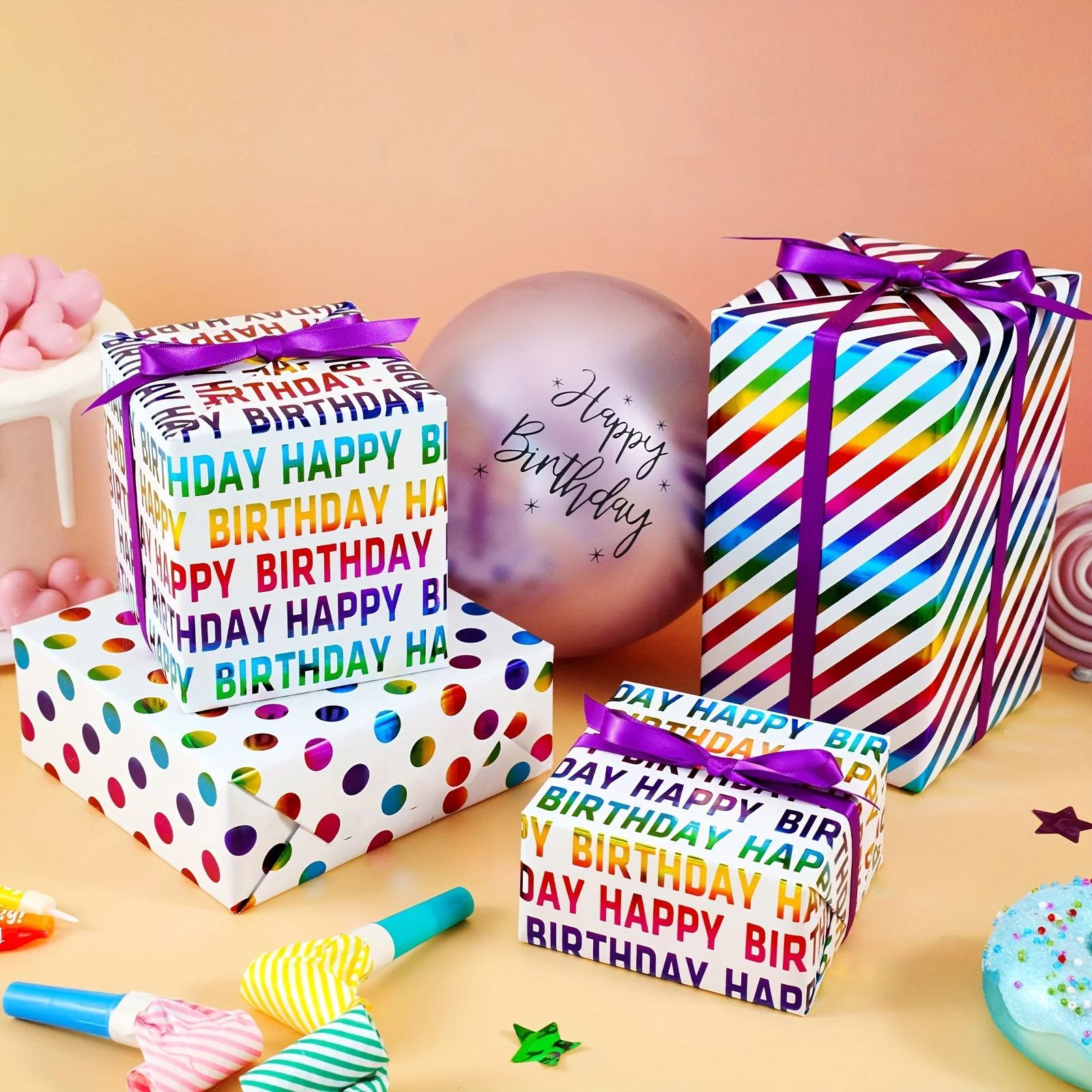 1 Roll of Birthday-Themed Wrapping Paper |   Colorful Patterns - Letters / Polka Dots / Stripes Suitable for Birthday Parties, Gift Wrapping, and Atmosphere Decoration - 43.2cm X 300cm (17inch × 9.8 Feet)