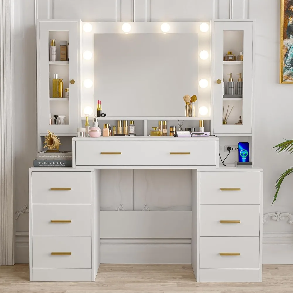 Vanity Desk with Mirror and Lights & Charging Station, Makeup Vanity Mirror Adjustable Brightness, Large Dressing Table