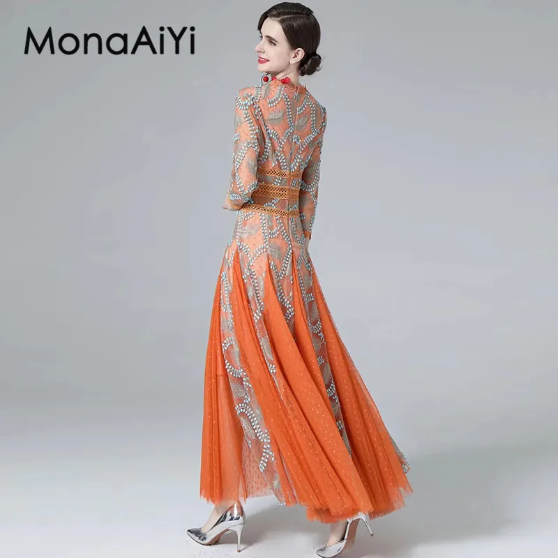 MonaAiYi-vestido de baile vintage para mulheres, vestido bordado, vestido oco, decote em v, manga três quartos, ocasião formal, outono