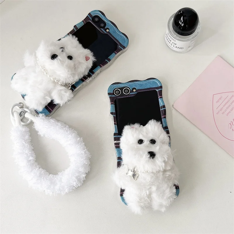 For Samsung Galaxy Z Flip 6 5 4 3 Case Z Flip6 ZFlip 6 ZFlip6 3D Plush Dog Lanyard Wave Shockproof Cover