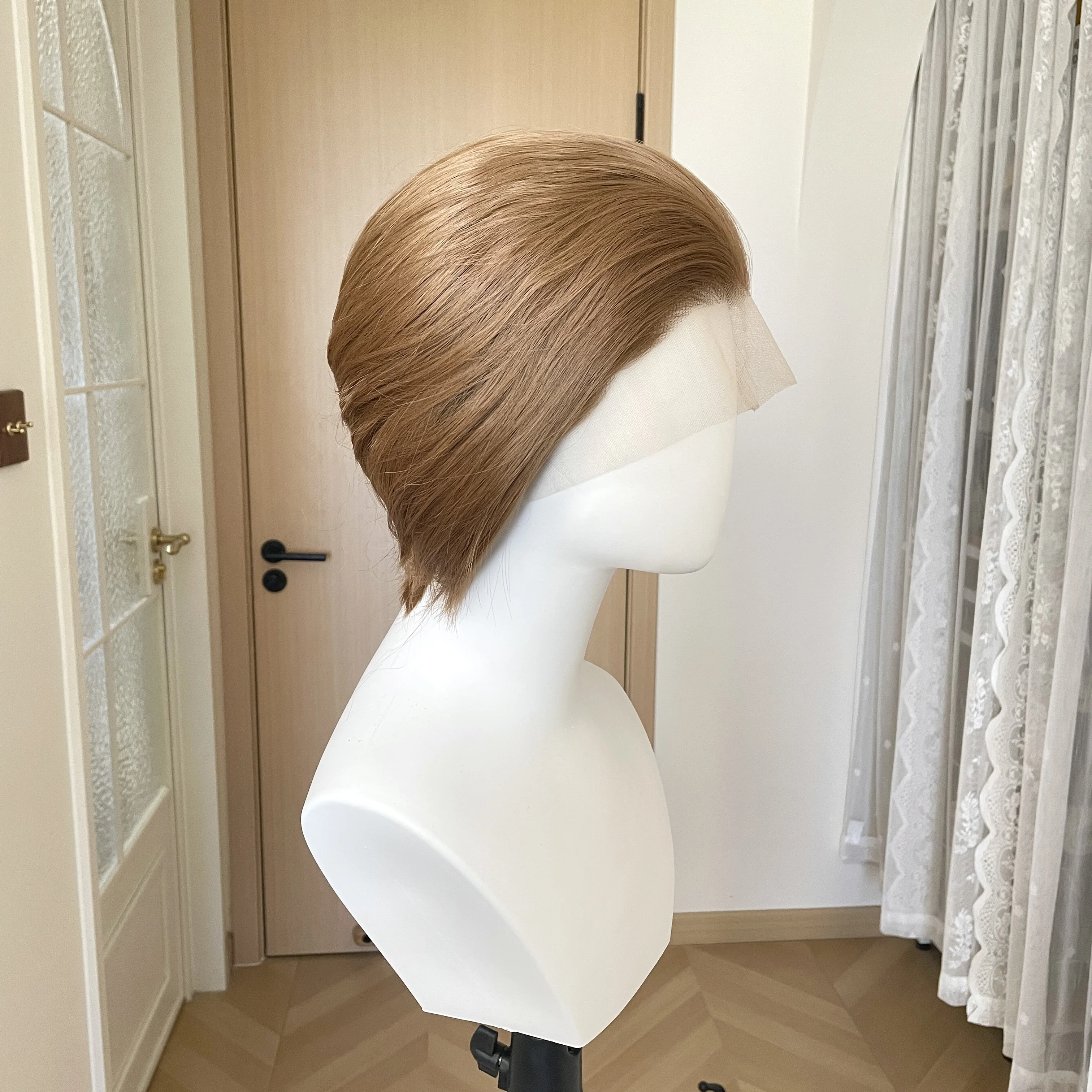 メンズ用ショートボブカットコスプレウィッグ-ダークハニーブラウン-レディース用フリーパートウィッグ-グルーレス-13x4-合成レースフロントウィッグ-自然なヘアライン