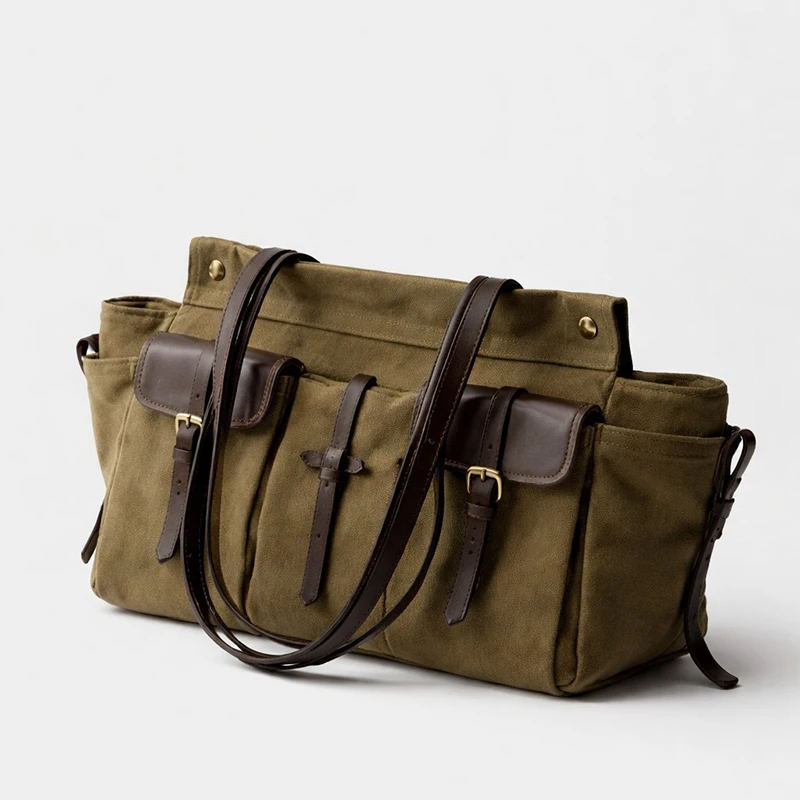 Vintage Canvas Leather Multi-pocket Tote Bag Large Capacity Zipper Shoulder Bag Patchwork Design Motorcycle Bag Niche Handbag