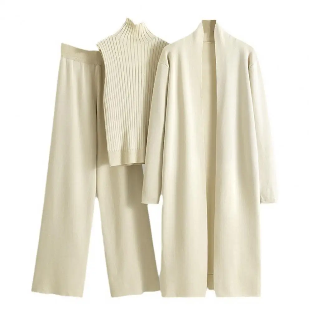 

Spring Autumn 3 Pcs/Set Women Outfits Sweater Coat Vest Pants Knitted Turtle Neck Sleeveless Sweater Mid Length Cardigan