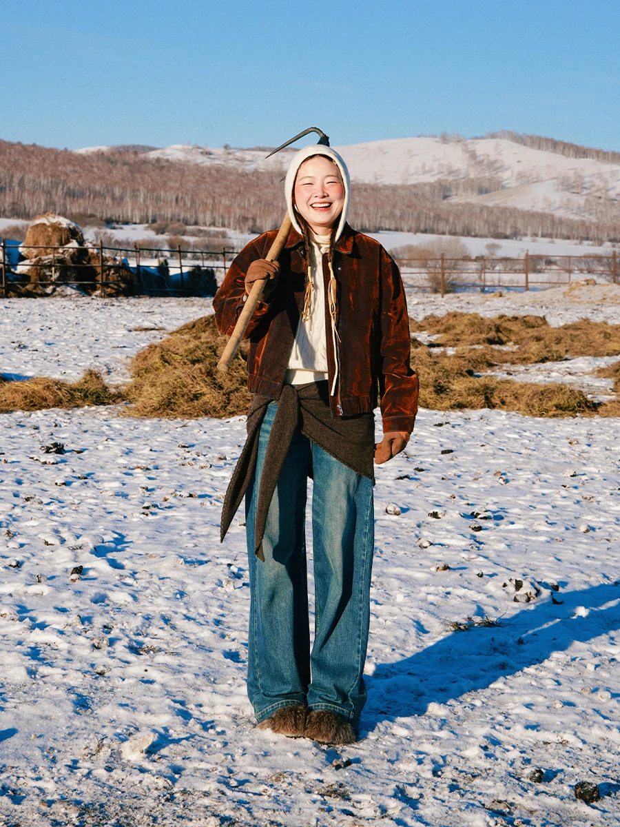 

Aurora Jaet ort Retro Floing Motorcycle Jaet Pure Cotton Baseball Sle Women's Faion Winter Coat Straight Cut pe