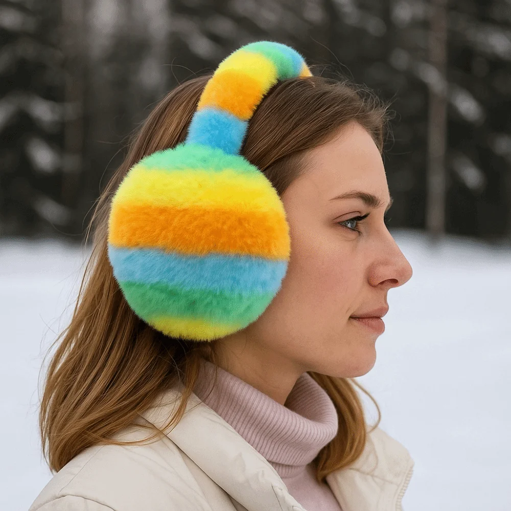 

Зимние теплые мягкие наушники, утолщенные защитные наушники, пушистые наушники, антифриз, наушники из искусственного меха радужного цвета