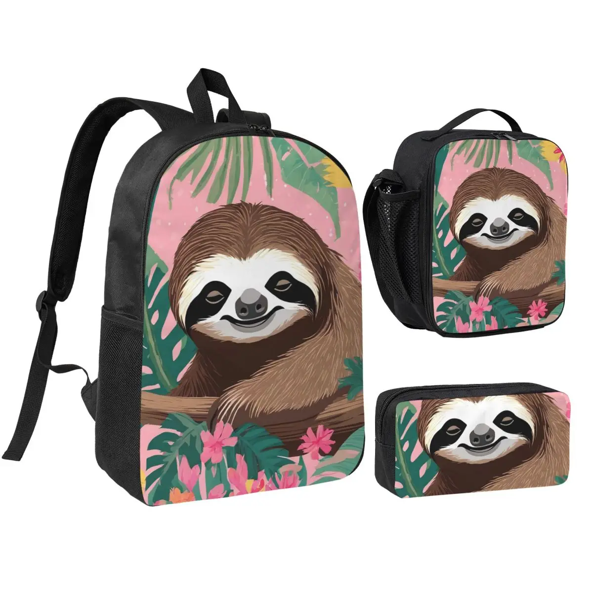 Adorable Sloth Cartoon Print Backpack Student BookBag School Bag Shoulder Bags 3ps Insulated Lunch Bag Pencil Case